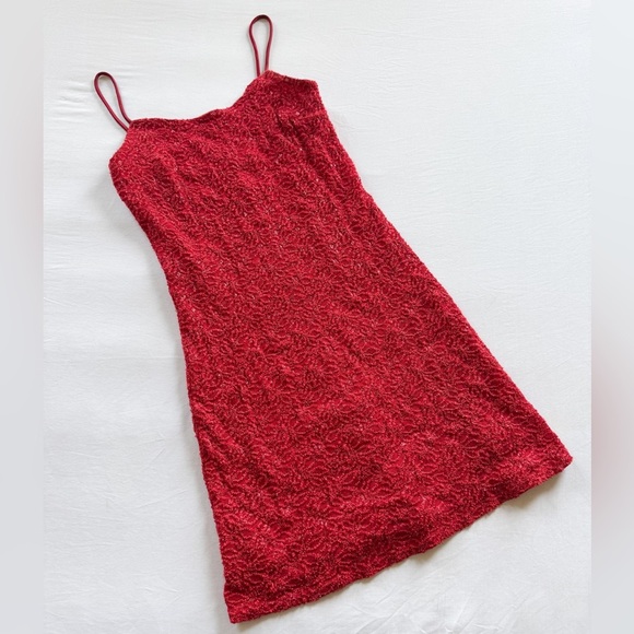 Jessica Mcclintock Mini Red Cocktail Party Metallic Bodycon Vintage Dress Medium - Picture 1 of 5